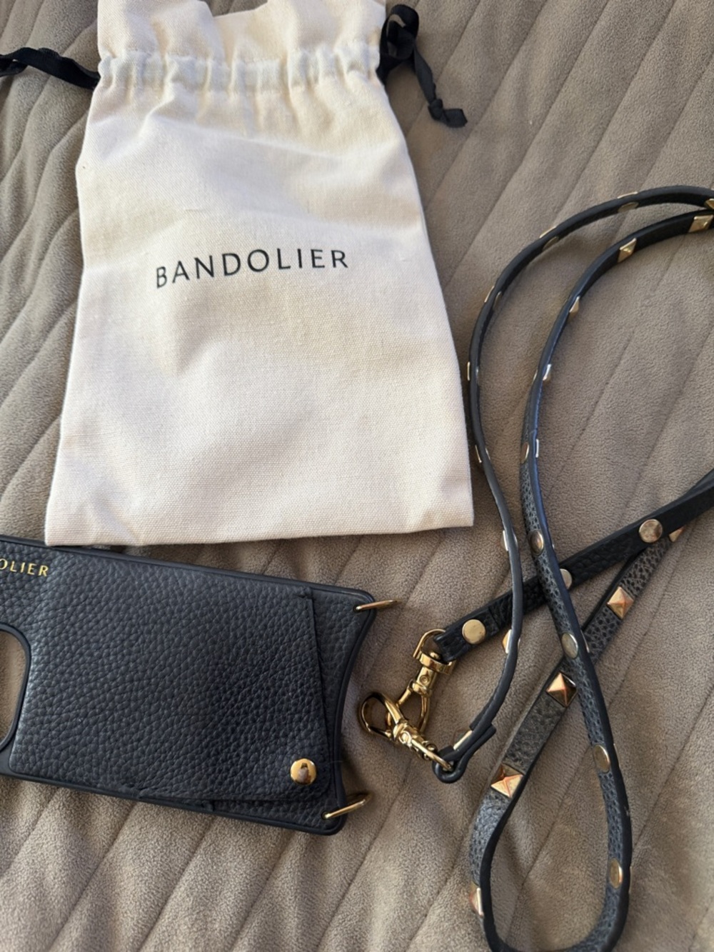 Bandolier Black Pebbled Leather Crossbody Phone Case, Gold Studded Strap 14